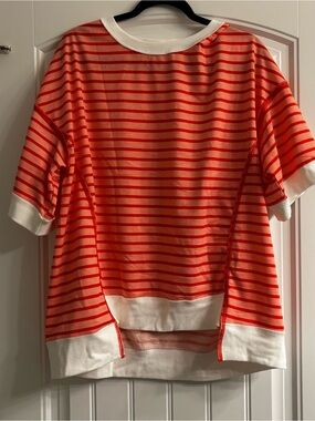 Striped Short Sleeve in Coral and White
